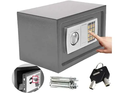 Caja Fuerte Digital 8,5L PIN+Llave Joyas-Dinero, Ignífuga+Agua, 2 Llaves Emergencia, Pared, Acero