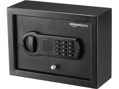 Caja fuerte de escritorio Amazon Basics, teclado electrónico, Negro, 30x22x11cm.